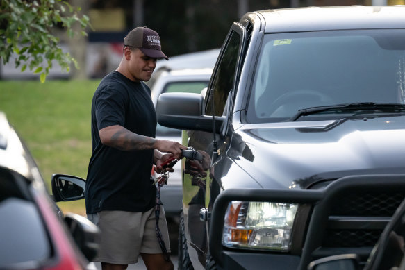 Latrell Mitchell departs the Rabbitohs Centre of Excellence on Monday afternoon.