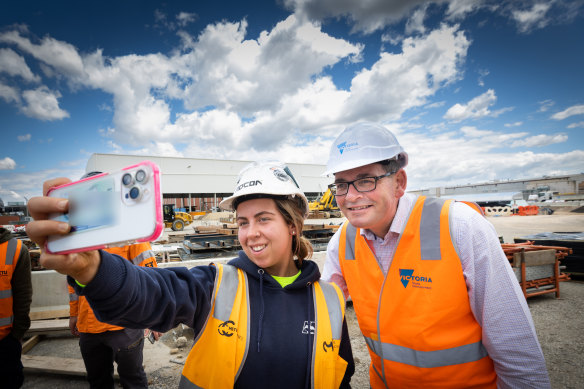 Premier Daniel Andrews at the construction site of Arden train station on Saturday.