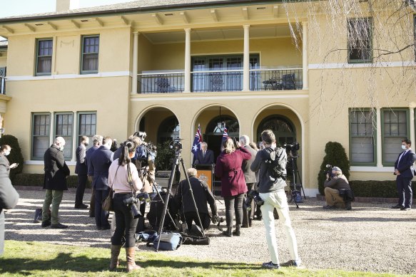 Prime Minister Scott Morrison holding a media conference outside The Lodge in Canberra, where he is currently hosting Treasurer Josh Frydenberg.