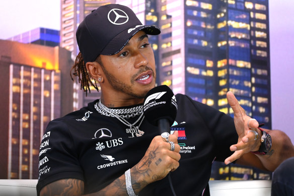 Lewis Hamilton speaks at a Melbourne press conference on Thursday. 