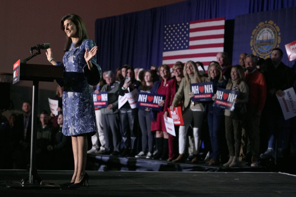 Nikki Haley speaks in New Hampshire after finding out she had lost to Donald Trump.