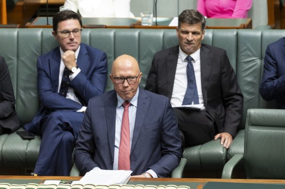 Nationals leader David Littleproud, Opposition Leader Peter Dutton and shadow treasurer Angus Taylor.