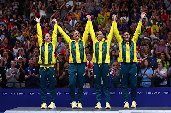 Australians (from left) Mollie O’Callaghan, Shayna Jack, Emma McKeon and Meg Harris after winning relay gold at Paris 2024. 