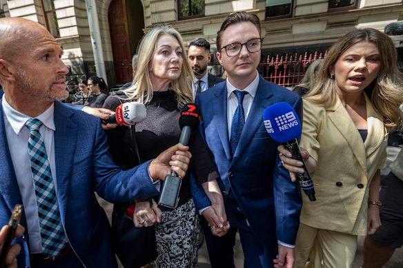 Melanie Lynn, the wife of Greg Lynn,  and son Geordie outside the Supreme Court after accused murderer Greg Lynn’s bail application.