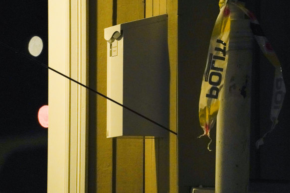 An arrow is seen in the wall after an attack in Kongsberg, Norway.