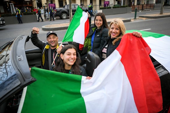 Italian soccer fans celebrating on Lygon Street in Melbourne after their team won a European Championship semi-final in 2021.