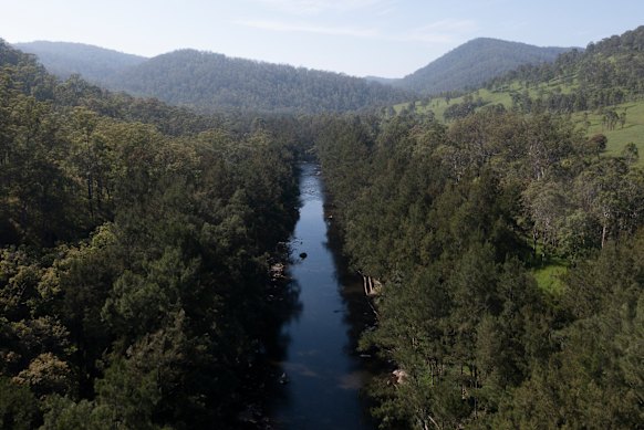 Aerial view of the Barrington River, within the Manning River catchment.