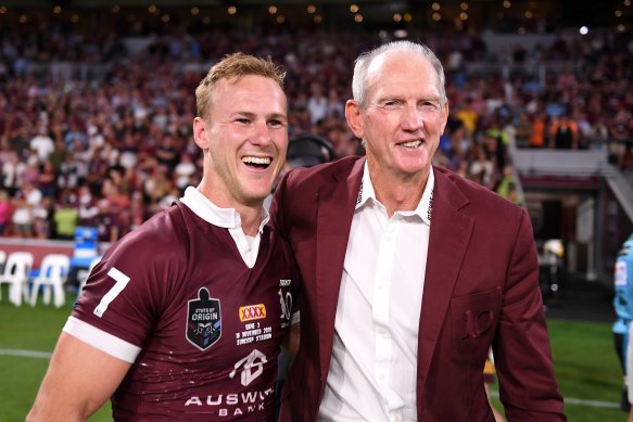 Daly Cherry-Evans and Wayne Bennett celebrate after Queensland won the Origin decider in 2020.