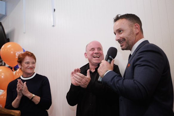 Hanson, Pickering and Darren Hercus, One Nation’s candidate for the seat of Nepean, in April, during campaigning for the Nepean byelection.