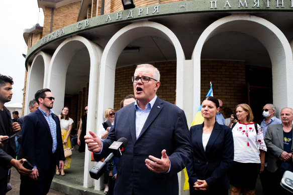 Prime Minister Scott Morrison, outside St Andrew’s Ukrainian Church, says Australia will take refugees from Ukraine above its regular humanitarian cap.