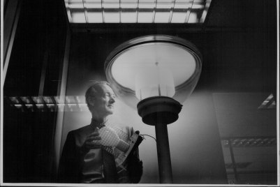 Barry Webb with one of the solar-powered street lamps that were planned for the Homebush Bay Olympics site, 1993.