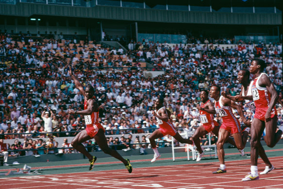 Canadian sprinter Ben Johnson (left) wins the 100m final at the Seoul Olympics on September 24, 1988. He was later disqualified. 