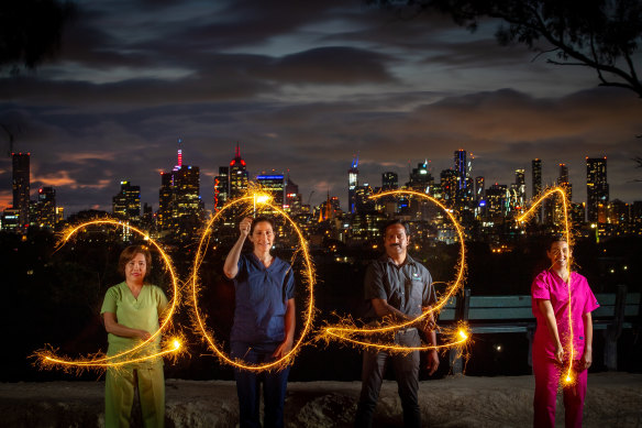 Western Health staff members Joyce Dalde, Nicky Dobos, Murali Erra Laxminarayana and Stefanie Agostino welcome in the new year.