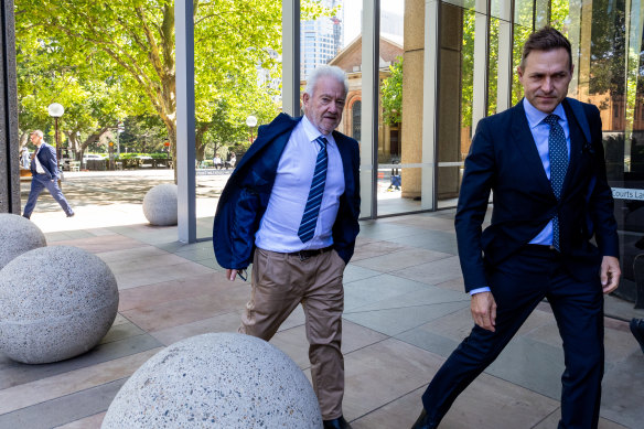 Peter Meakin and The Project’s producer Angus Llewellyn outside the Federal Court in Sydney during Bruce Lehrmann’s defamation case against Ten.
