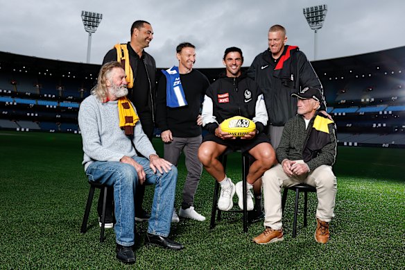 The 400 club members (from left): Michael Tuck, Shaun Burgoyne, Brent Harvey, Scott Pendlebury, Dustin Fletcher and Kevin Bartlett.