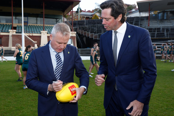 Tasmanian Premier Jeremy Rockliff and AFL CEO Gillon McLachlan at the announcement of the new team.