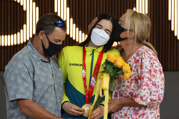 Jakara Anthony was greeted by her father Darren and mother Sue at the airport.