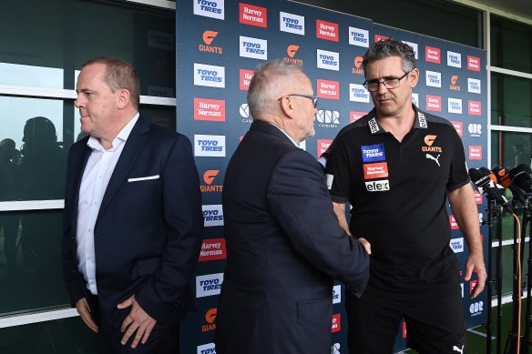 CEO David Matthews (left), chairman Tony Shepherd (centre) and Leon Cameron at the announcement of Cameron’s resignation.