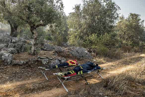 Firefighters resting in the mountains of Alvaiazere, Portugal.