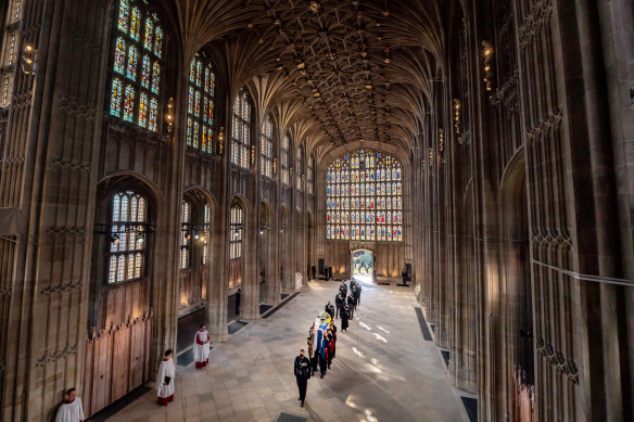 Prince Philip is carried into a near-empty St George’s Chapel at Windsor Castle.