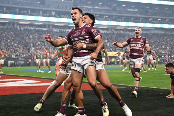 The Sea Eagles score against the  Rabbitohs at Allegiant Stadium.