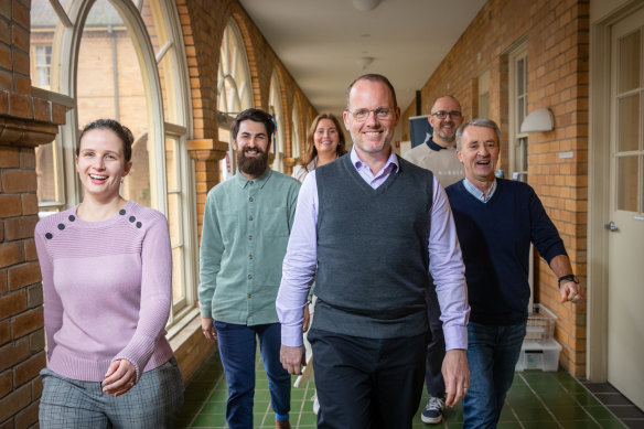 Vice chancellor Peter Sherlock (front) with students and alumni of the University of Divinity (from left) Sarah Cook, Andrew Hateley-Browne, Carolyn Alsen, Adam Couchman and Stephen Reid.