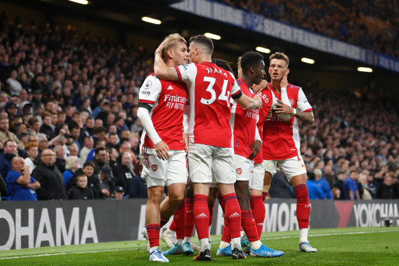 Emile Smith Rowe (left) celebrates Arsenal’s second goal with Granit Xhaka.