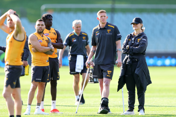 Sidelined: Hawthorn defender Sam Frost on Thursday.