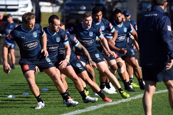 Isaah Yeo, second from left, and Liam Martin, fourth from left, at Blues training this week.