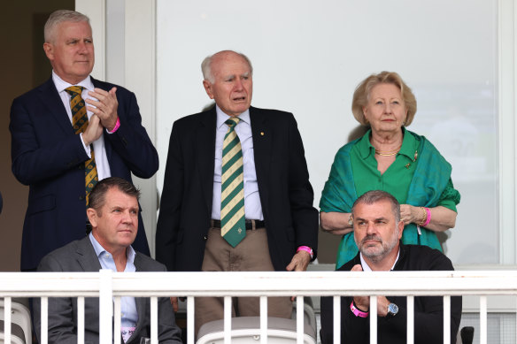 Enjoying the action at Lord’s were (from left, back row) former deputy prime minister Michael McCormack; former PM John Howard and his wife, Janette Howard; and (front row) Cricket Australia chair and former NSW premier Mike Baird; and Tottenham Hotspur manager Ange Postecoglou.