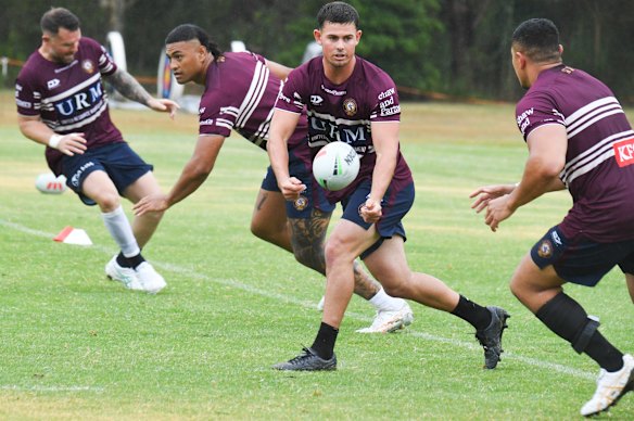 Joey Walsh gets in the reps at Manly training on Friday.