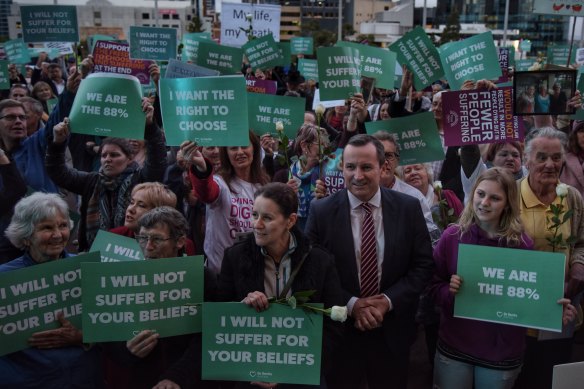 Premier Mark McGowan at a rally in support of the state government's euthanasia laws, which are now before the Legislative Council.