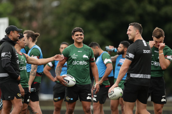 Latrell Mitchell and Sam Burgess at training during a happier time in 2020.