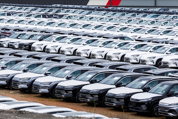 BYD electric vehicles in a storage yard in Melbourne’s east. Auction sales of used electric vehicles have doubled in March.