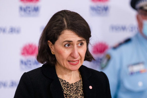 NSW Premier Gladys Berejiklian addressing the media at today’s coronavirus update. 
