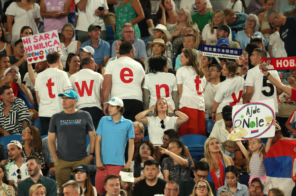 Novak Djokovic fans at Rod Laver Arena on Sunday night.