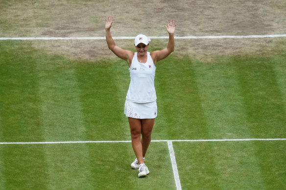 Ash Barty enjoys her Wimbledon victory in 2021.