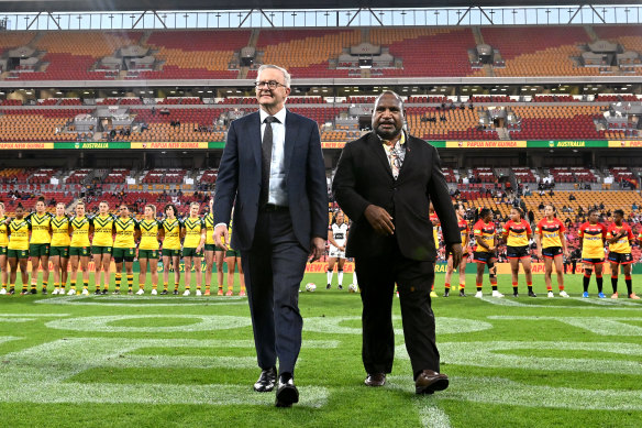 Prime Minister Anthony Albanese and Papua New Guinean Prime Minister James Marape at Suncorp Stadium before the Australian Women’s PM’s XIII and PNG Women’s PM’s XIII game last September.