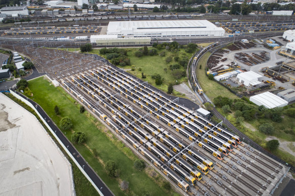 Trains parked at Auburn stabling yards on Monday during the shutdown of the rail network.