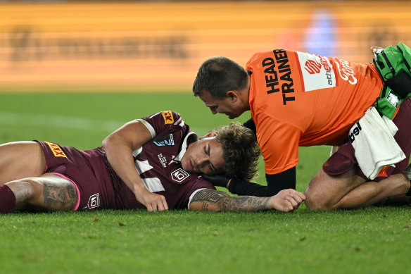 Reece Walsh failed a head injury assessment after a high tackle by Joseph Suaalii.