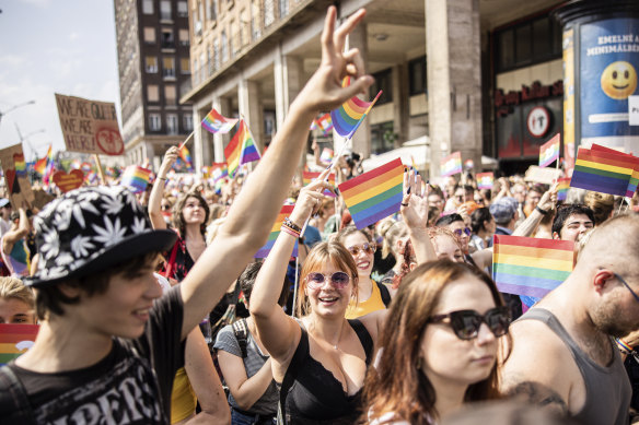 Demonstrators march during Budapest’s 2021 Pride Festival.