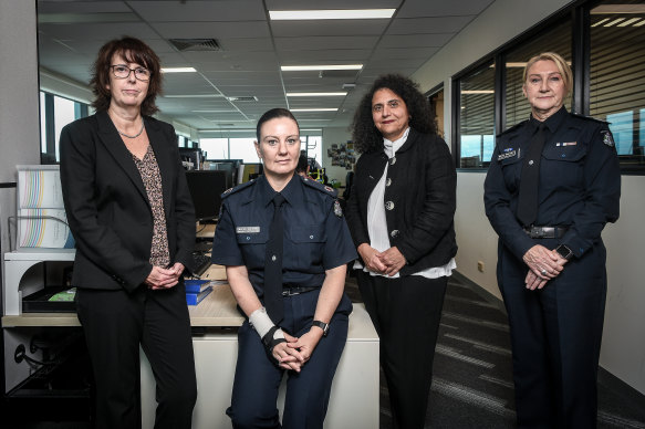 Assistant Commissioner Lauren Callaway (second from left) pictured this week at the Wyndham Multidisciplinary Centre for Sexual Assault alongside Eleri Butler, CEO Family Safety Victoria (left), Domestic Violence Victoria boss Tania Farha (second from right) and Deputy Comissioner Wendy Steendam.