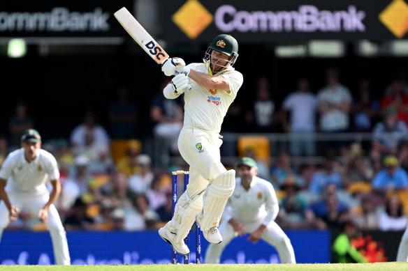 David Warner plays a shot against South Africa.