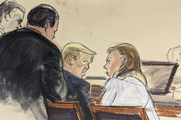 Trump advisor Boris Epshteyn, foreground left, leans over Donald Trump to confer with him and lead defence attorney Alina Habba, right, prior to jury selection in Federal Court, in New York. 