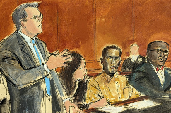 In this courtroom sketch, Sean “Diddy” Combs’ defence lawyer Marc Agnifilo, left, addresses the judge while Combs, second from right, in prison uniform, watches during a hearing in federal court in New York last week.