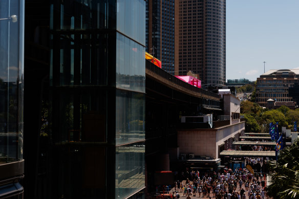Look up: The Cahill Expressway is ready for the Elevate Festival opening on Tuesday.