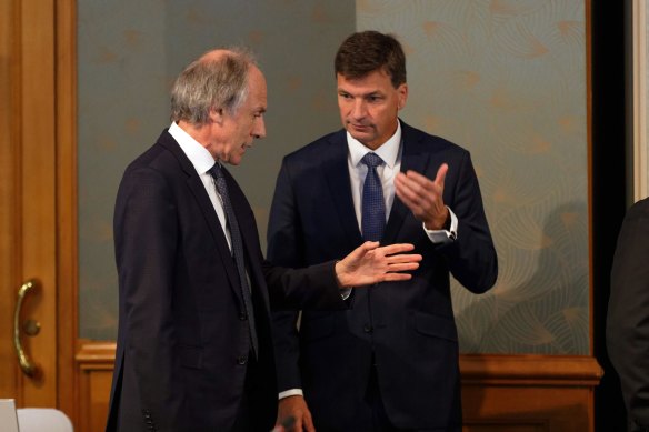 Energy Minister Angus Taylor (right) with Australian chief scientist Alan Finkel before the COAG energy council meeting.