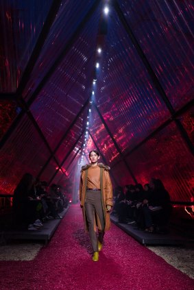 A model wears a creation for Hermes's show at Paris Fashion Week.
