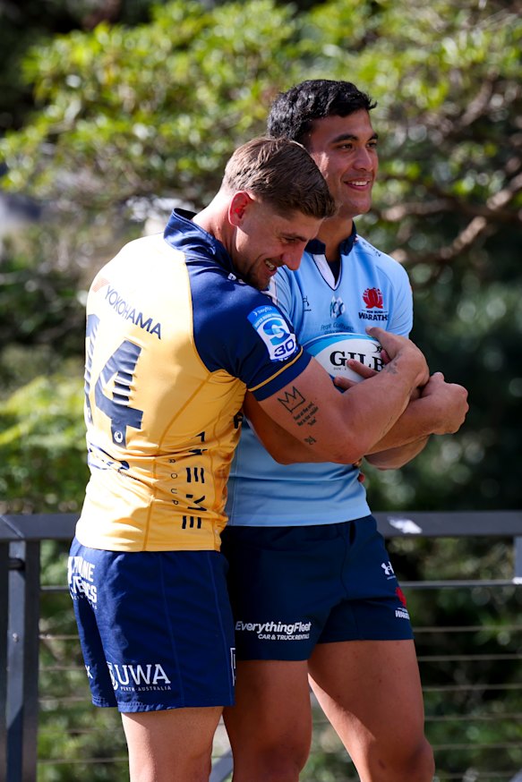 The Waratahs hold a press conference for former NSW Blues teammates Joseph-Aukuso Suaalii and Zac Lomax.