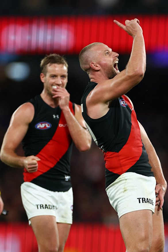 Jake Stringer points to the sky, a nod to the support he has found in the Muslim community.